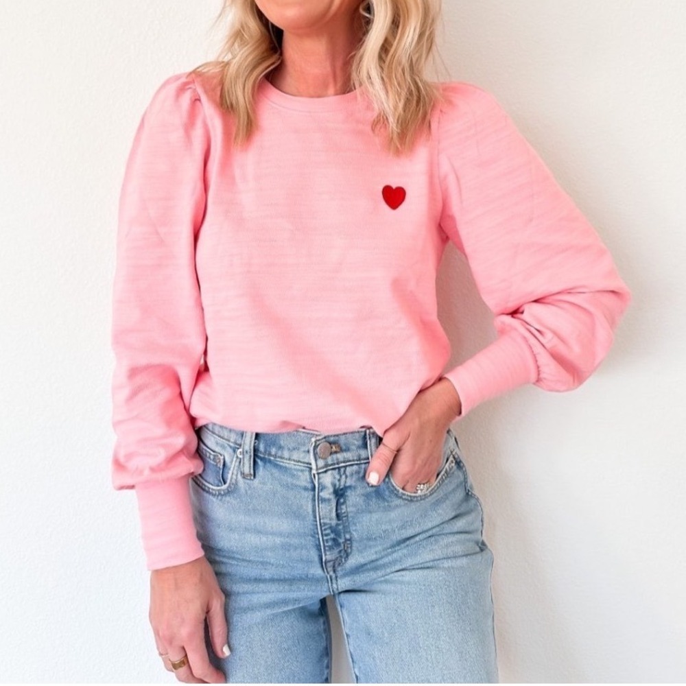 Loft Pink Heart Embroidery Puff Sleeve Long Sleeve Sweatshirt Girly Size Small - Picture 2 of 7